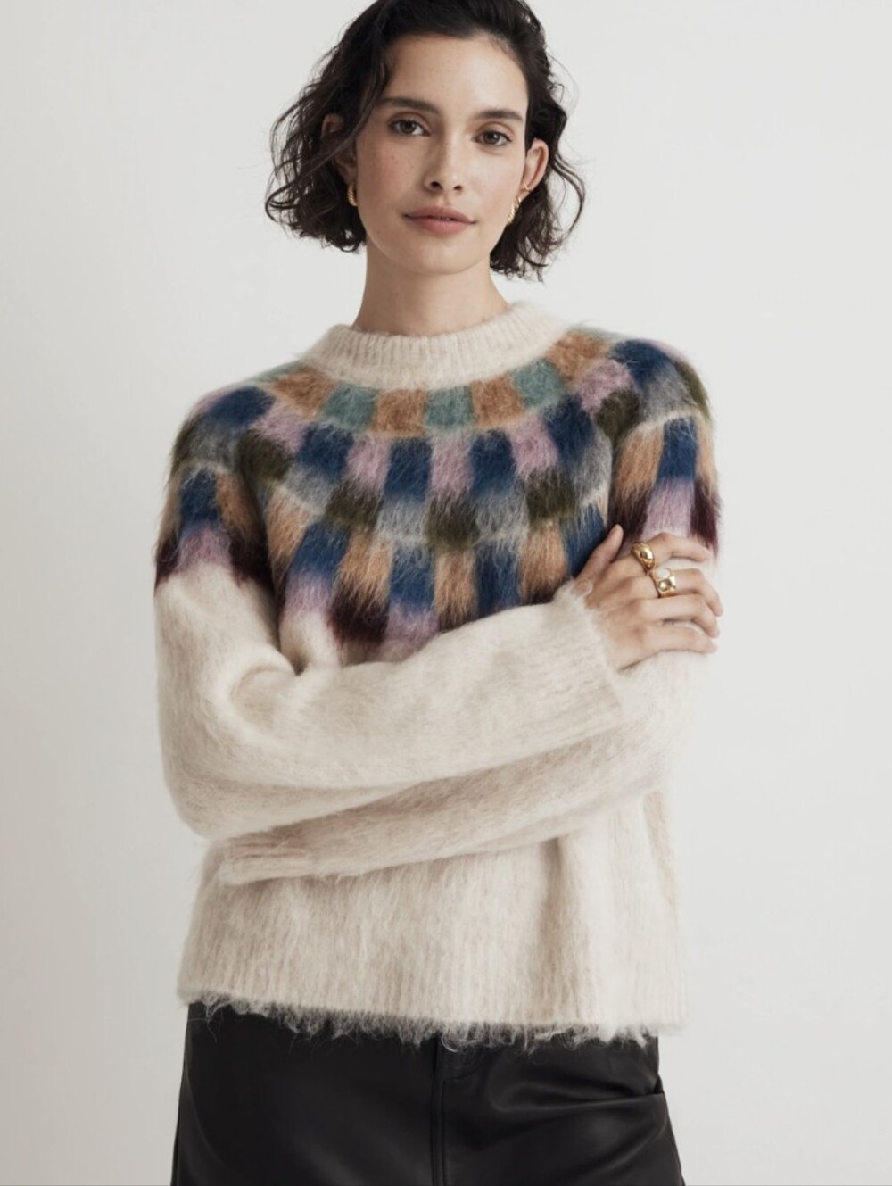 Madewell Brushed Checkerboard Fair Isle Crewneck Sweater Medium